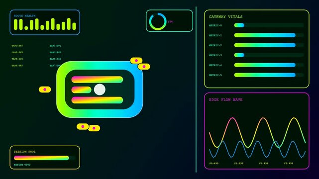 Data streaming and edge analytics dashboards display animated software metrics with neon glowing lines moving across computer monitors in a dark digital interface monitor setup