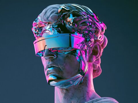 Digital sculpture of a classical statue wearing modern futuristic glasses with bright colors and design contrasts