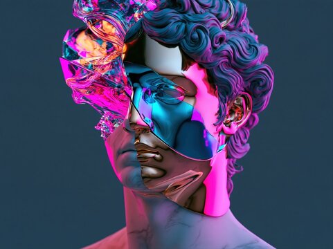 Digital art of a sculpture with abstract details and colorful elements