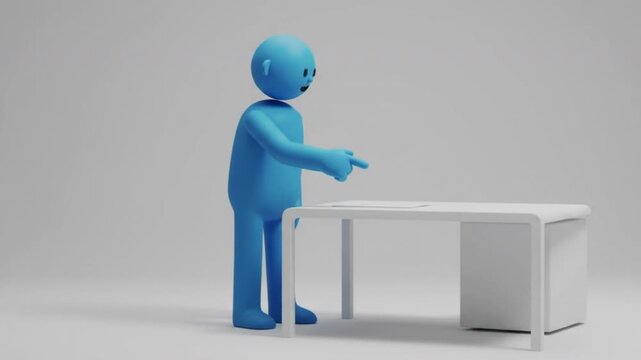 3D Blue Character Standing at White Desk and Pointing Down