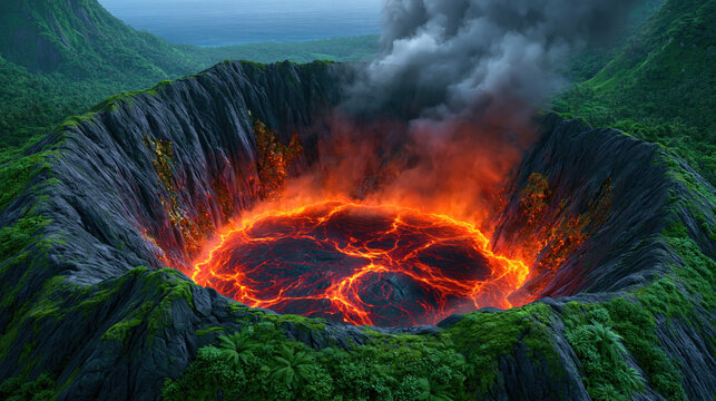 Volcanic crater aerial view molten lava smoke plume jagged rock green forest active volcano glowing magma tropical landscape