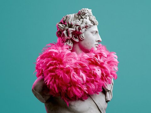 Statue wearing pink feather boa against solid turquoise background