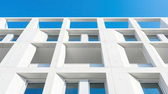 Low angle view of a modern white building facade against a clear blue sky.