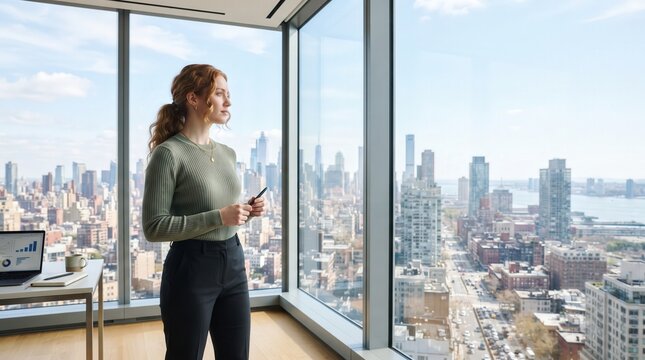 Young businesswoman looking out high-rise office window at city skyline, capturing corporate vision and future leadership concept for professional real estate and career marketing design.