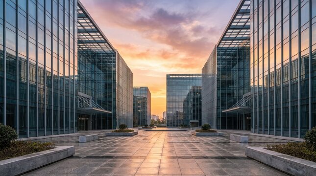 Modern glass office buildings at sunset with a central walkway in a business district.