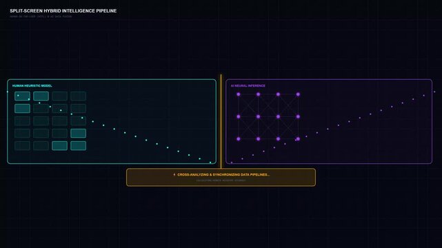 Motion graphics of a split screen dashboard comparing human heuristics and AI neural networks, merging data streams to achieve a hybrid consensus score.
