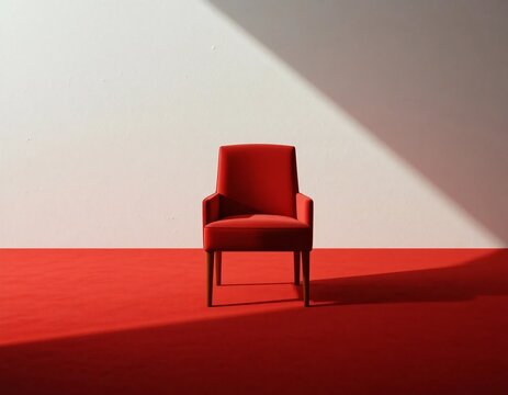 Red modern armchair in minimalist interior with dramatic sunlight and red floor