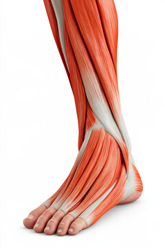 Human anatomy foot muscle lower leg tendon white background medical illustration 3d render muscular system ankle calf sole toe muscle fiber anatomy physiology skeletal muscle plantar fascia