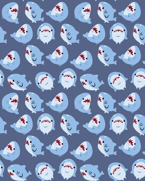Seamless Pattern Cute Cartoon Shark on Dark Blue Background
