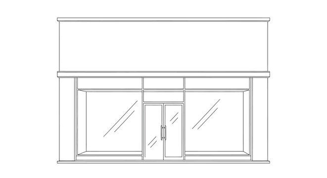 Line drawing of a modern storefront with large display windows and central double doors.