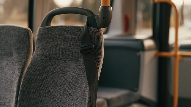 Empty bus seat front view low angle interior public transport gray seat fabric seat aisle handrail vacant seat
