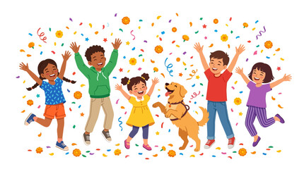 Fototapeta premium Diverse Group of Happy Children and a Golden Retriever Dog Jumping and Celebrating with Colorful Confetti and Flowers on a White Background Vector Illustration