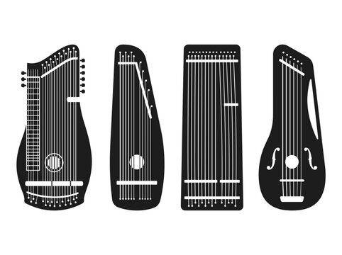 vector Collection of diverse stringed musical instruments including zithers and lyres in a stylized black and graphic representation on transparent background