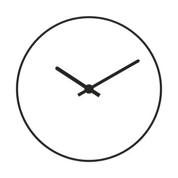 Simple black clock face with hands pointing to ten past two on a white background