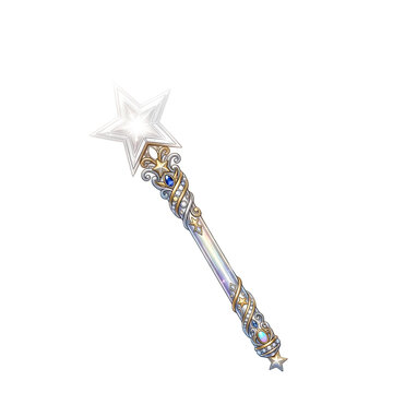 Ornate magic wand with glowing star tip, celestial wizard staff with gold and silver filigree, fantasy fairy godmother scepter on white background