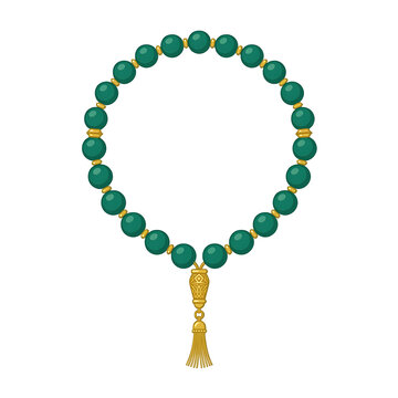 Green prayer beads with gold tassel, islamic tasbih for ramadan, traditional misbaha necklace on white background