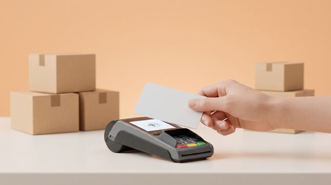 Person tapping payment card on card reader with cardboard boxes in background with payment terminal device hand holds payment transaction process