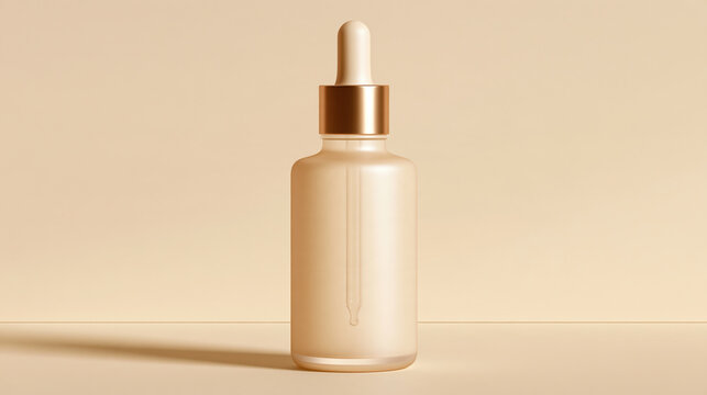 Frosted glass dropper bottle on beige background with soft shadow, minimal studio product photography of cosmetic container for serum or lotion