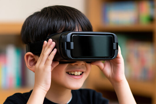 Child virtual reality headset smiling boy hands indoor technology game education black