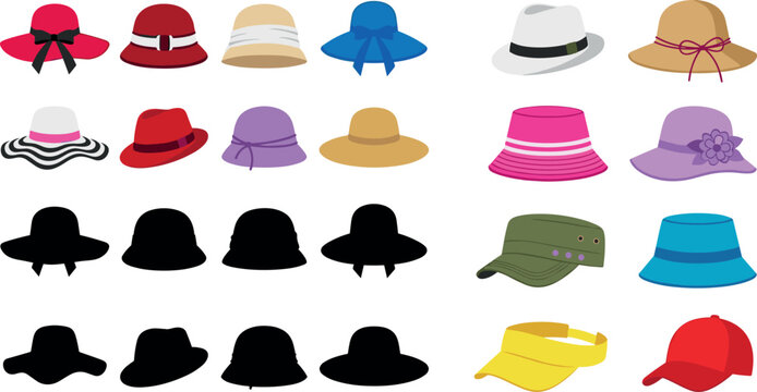 Assorted Women Summer Hat Vector Illustration Set with Straw Sunhats Fedoras Panama Hats and Black Silhouette Shapes for Fashion Apparel Graphic Designs