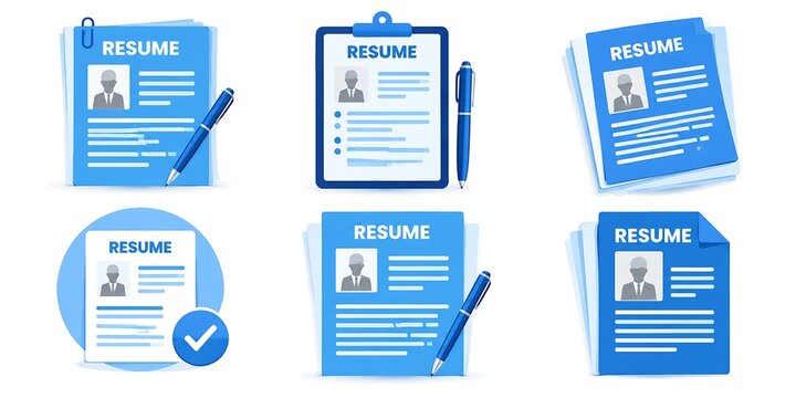 Professional resume icon set, blue curriculum vitae document collection, job application and hiring icons for recruitment