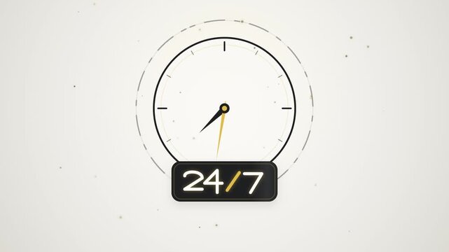 Animated clock face displaying twenty four seven support service motion 