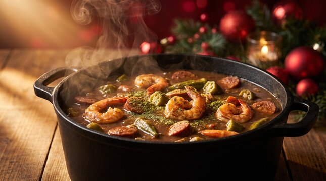 Pot of simmering Louisiana seafood gumbo with shrimp crab and okra for Christmas