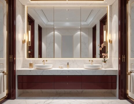 Sophisticated Luxury Bathroom with Dark Wood Vanity, Marble and Gold Fixtures