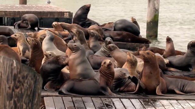 A large group of california sea lions resting and basking on a wooden dock at a harbor pier