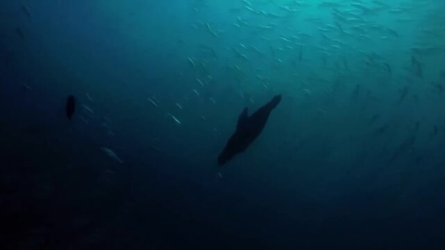 A sea lion swimming underwater in the deep blue ocean with a school of fish in the background