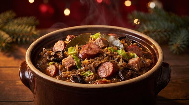 Hearty Polish bigos hunter stew with sauerkraut meats and mushrooms for Christmas
