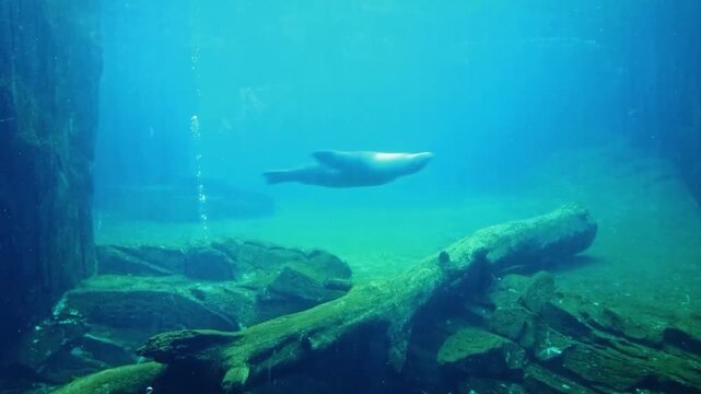 Underwater view of a california sea lions and submerged log resting on rocky lake bed with clear blue water and rising air bubbles in a natural environment