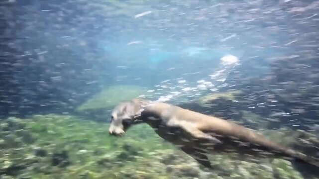A sea lion swimming through a large school of small fish underwater in the ocean