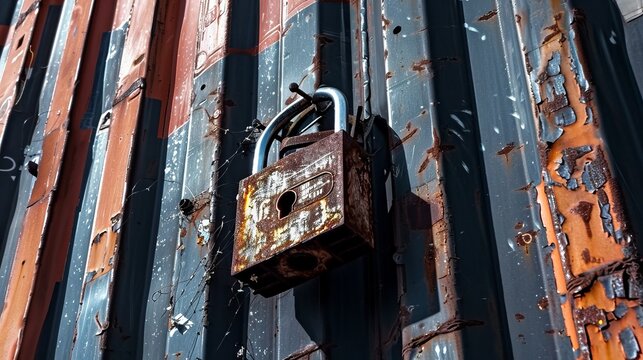 Rusty padlock securing shipping containers  a symbol of safety and resilience in transport