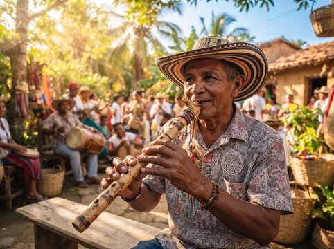 Colombian Musician Playing Gaita