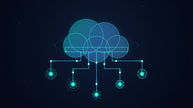 Digital cloud computing network connects circular data nodes in motion animation