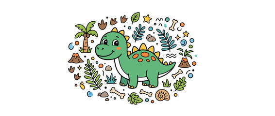 Fototapeta premium Cute cartoon dinosaur surrounded by prehistoric elements