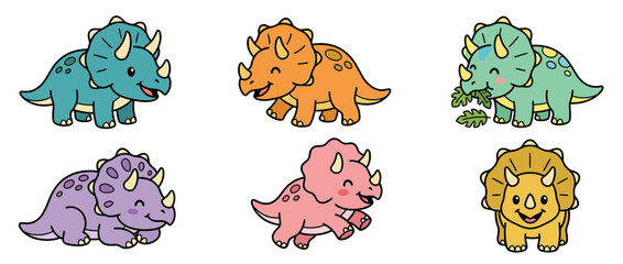 Cute Cartoon Triceratops Dinosaurs Collection Isolated © acik