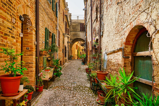 Narrow street (Via Tanursi) with brick houses in historic town Ripatransone, Italy