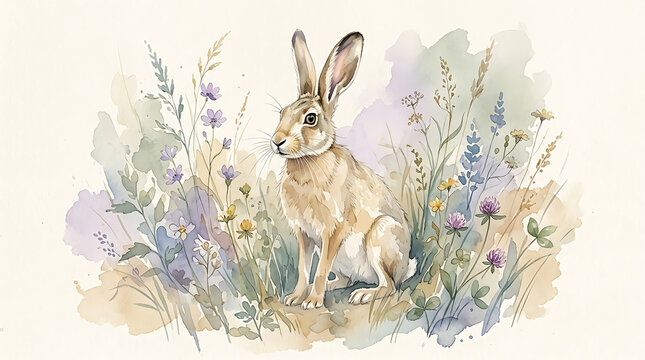 Watercolor rabbit sitting in a field of wildflowers
