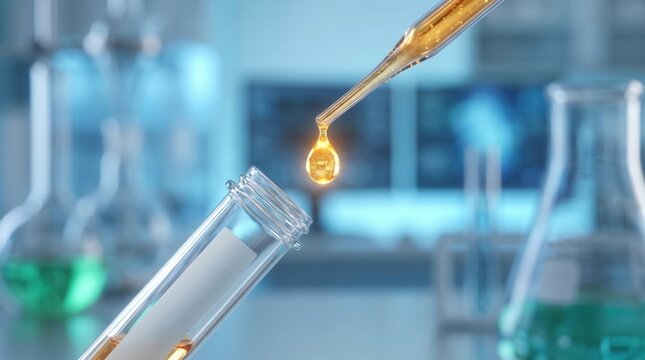 A glass pipette dispensing a golden liquid droplet into a laboratory test tube with pipette releases single liquid empty single drop pharmaceutical biotechnology development experiment research