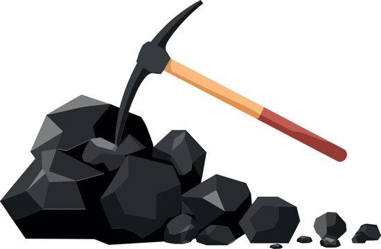 Pickaxe tool with pile of coal vector icon, mining industry resource graphic element isolated on white background