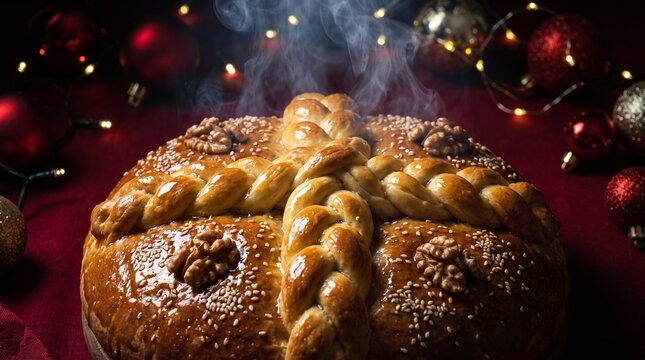 Traditional Greek christopsomo Christmas bread decorated with dough cross and walnuts
