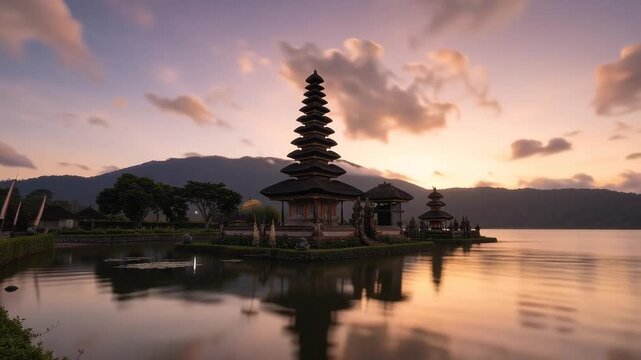 Timelapse of Pura Ulun Danu Bratan Temple on Lake Beratan Bali Indonesia
