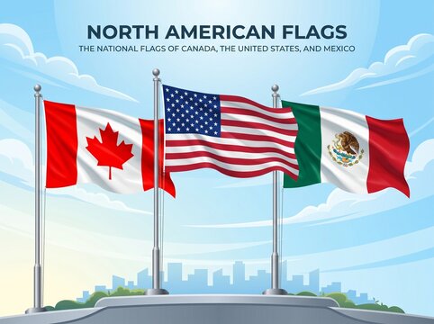 North American Flags Vector Illustration, Amerika Serikat, Meksiko, dan Kanada.