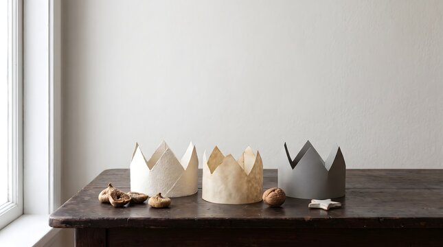 Handmade paper crowns with dried figs nuts and star cookie on rustic wooden table for epiphany