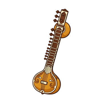Traditional Indian sitar illustration, classical string instrument on white background, wooden musical sitar with ornate details