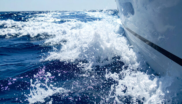 Boat wake splashing against the white hull of a luxury yacht sailing on deep blue ocean water during sunny day