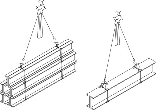 Technical CAD illustrations showing crane rigging methods for lifting structural steel I-beams, depicting both bundled multiple beams and single beam configurations.