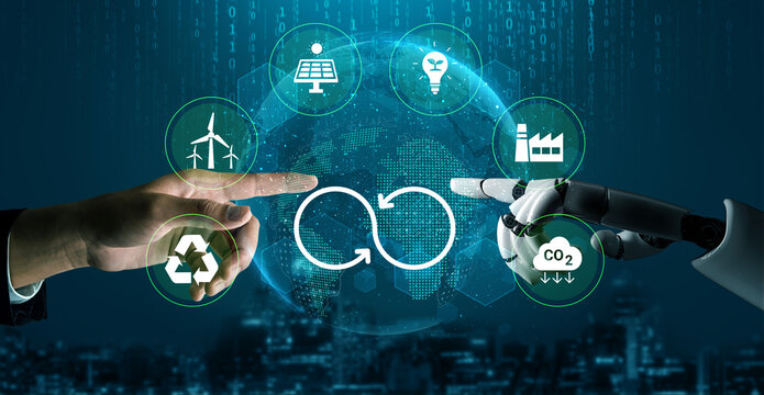 A striking illustration of a human hand and a robotic hand reaching toward each other, symbolizing collaboration in renewable energy and sustainability initiatives for a better future. Cyphers